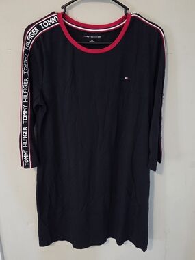 Tommy Hilfiger Navy Midi Dress with Red Trim and Signature Sleeve Tape